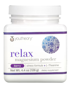 Youtheory, Relax, Magnesiumpulver, Stressformel + L-Theanin, Beere, 126 g 4,4 oz.