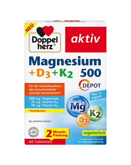 DOPPELHERZ Magnesium 500+D3+K2 Depot Tabletten (60)